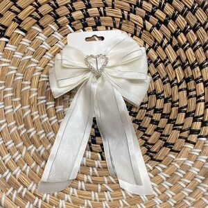 Elegant white Satin Bow Hair Clip with Heart Accent